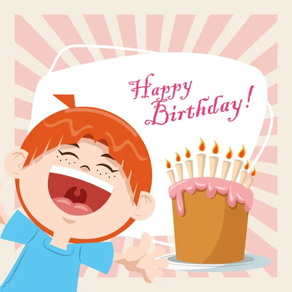 Feliz cumpleaños celebración fiesta sonriente chico con dulce pastel y velas — Vector de stock