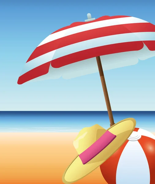 Zomer tijd in strand bal paraplu hoed zand zee — Stockvector