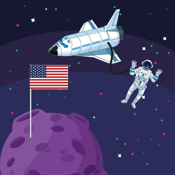 Astronauta nave espacial bandeira americana na exploração espacial da lua — Vetor de Stock