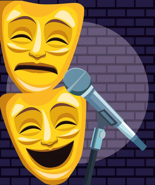Színházi maszkok mikrofon fal tégla stand up komédia show — Stock Vector