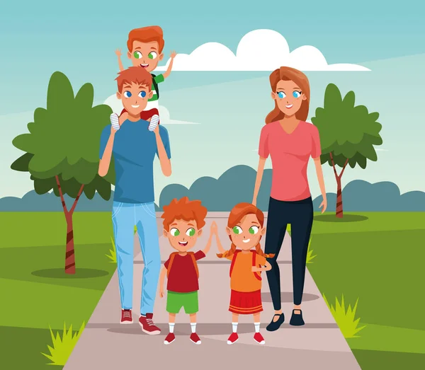 Happy family with kids walking in the park, colorful design — Stock Vector