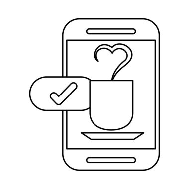 Kahve fincanı olan akıllı telefon cihazı aşk kalbi.