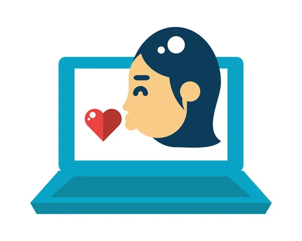 Laptop computer with girlfriend kissing heart love — Stock Vector
