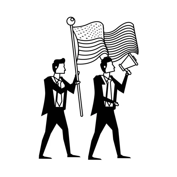 Hombres de negocios con Estados Unidos bandera americana y megáfono — Vector de stock