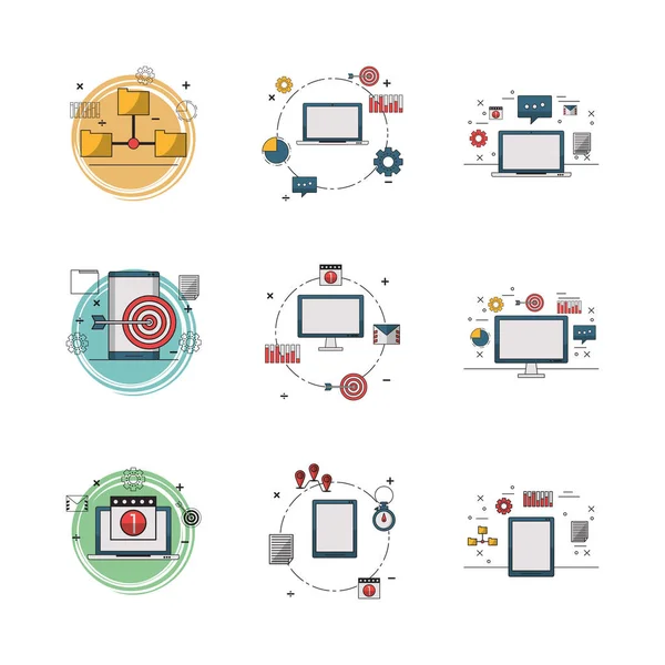 Bundle of electronics devices and infocharts icons — Stock Vector