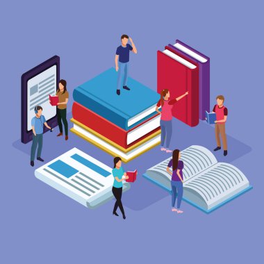 Bir grup küçük insan tablette elektronik kitaplar okuyor.