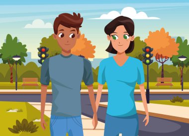 Mutlu çift sokakta yürüyor, renkli bir tasarım.