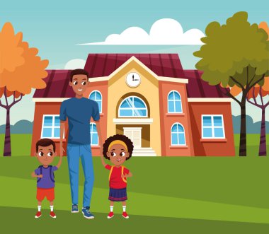 Çocuklu, mutlu bir adam. Okul bahçesinde, manzaranın arka planında. Renkli tasarım.