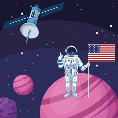 Amerikan bayrağı taşıyan astronot uydu uzay keşfi