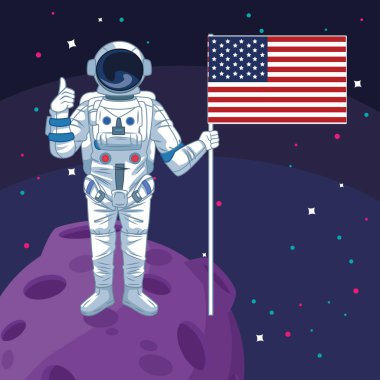 Astronot, Ay 'da Amerikan bayrağı taşıyor.