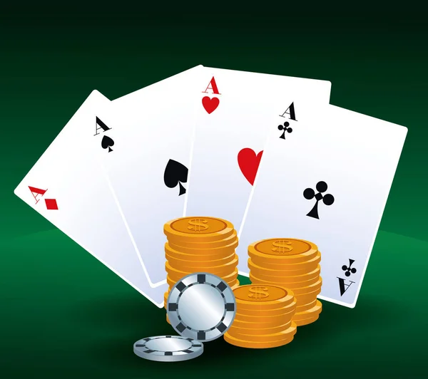 Cartões de poker dinheiro e fichas jogo de apostas casino —  Vetores de Stock