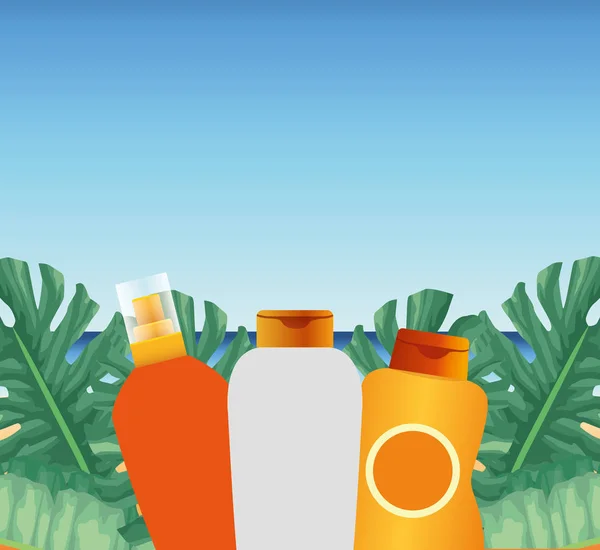 Zomertijd in strand vakanties fles crèmes zonnebrand gebladerte palm monstera — Stockvector