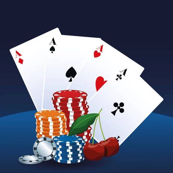 Aas kaarten chips en kersen wedden spel gokken casino — Stockvector