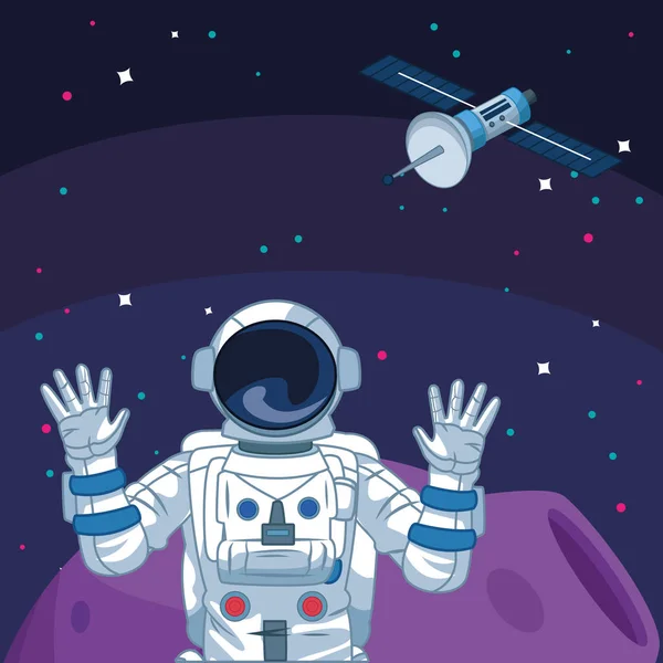 Ay 'daki astronot uydu yıldızlı uzay keşfi — Stok Vektör