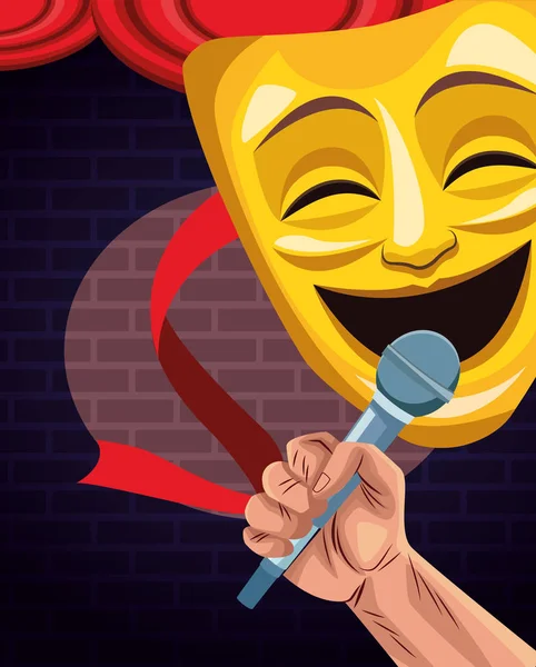 Mão com microfone e máscara de teatro de comédia stand up show de comédia — Vetor de Stock