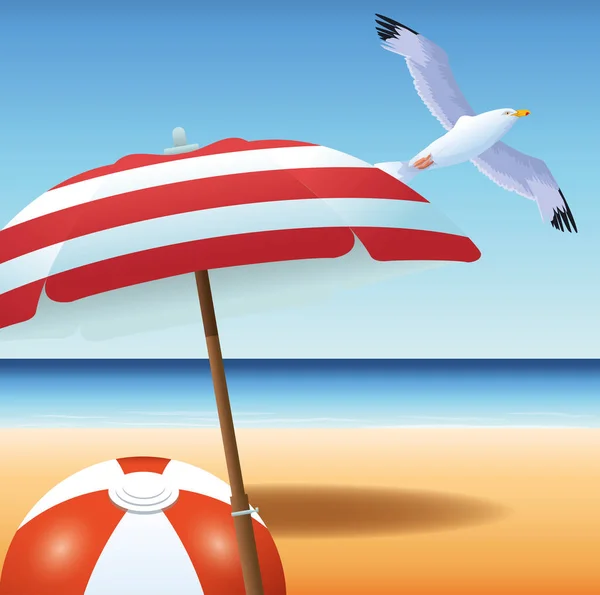 Verano en playa bola vacaciones gaviota paraguas mar arena — Archivo Imágenes Vectoriales