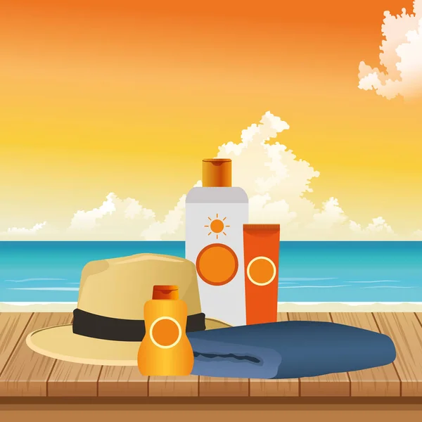 Καλοκαίρι στις διακοπές παραλία αντηλιακό μπουκάλι καπέλο κρέμα και πετσέτα — Διανυσματικό Αρχείο