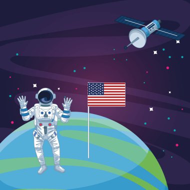 Astronot Amerikan bayrağı uydu gezegen uzay keşfi