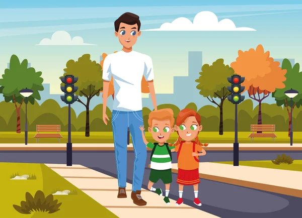 Hombre feliz con los niños caminando en la calle sobre fondo del parque — Archivo Imágenes Vectoriales