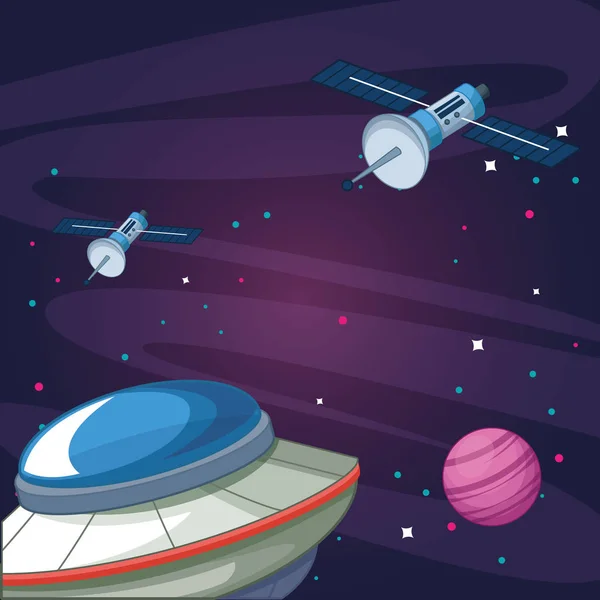 Ufo satellites planet starry galaxy space exploration — ストックベクタ