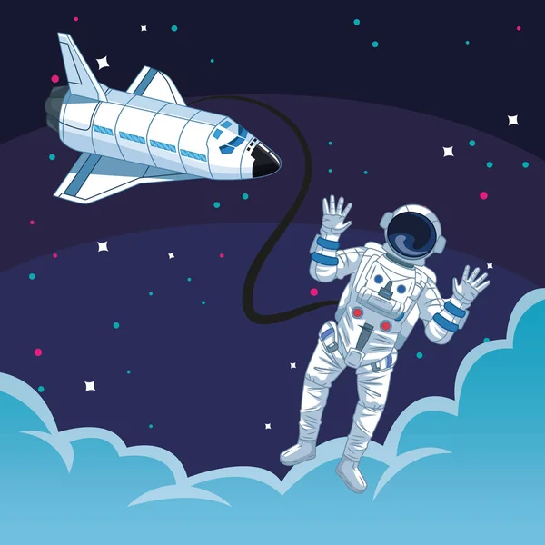 Astronaut buiten ruimtevaartuig wolken ruimte exploratie — Stockvector