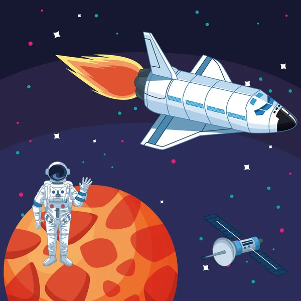 Astronaut ruimtevaartuig satelliet planeet ruimte exploratie — Stockvector