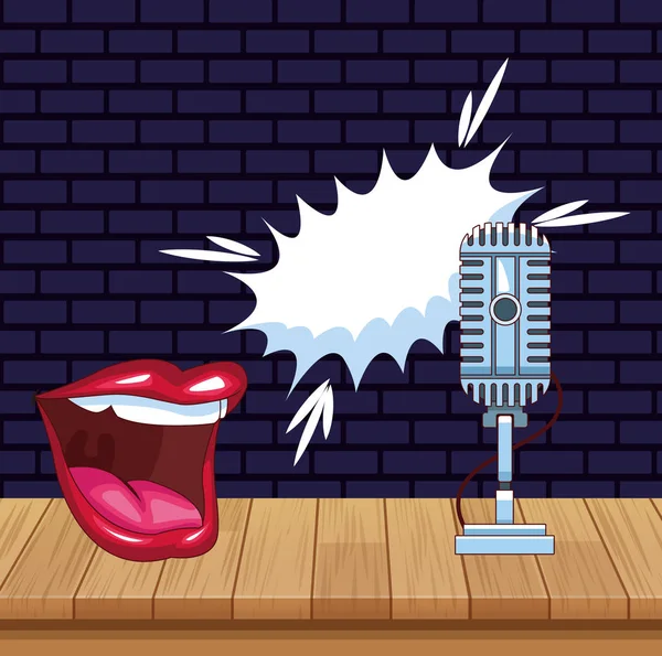 Ústa mluvení mikrofon jeviště vstát komediální show — Stockový vektor
