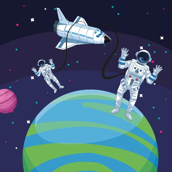 Astronauts spacecraft space exploration satellite planet — Stock Vector