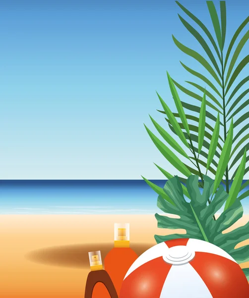 Summer time in beach ball sunblock bottle leaves vacations — Stock Vector