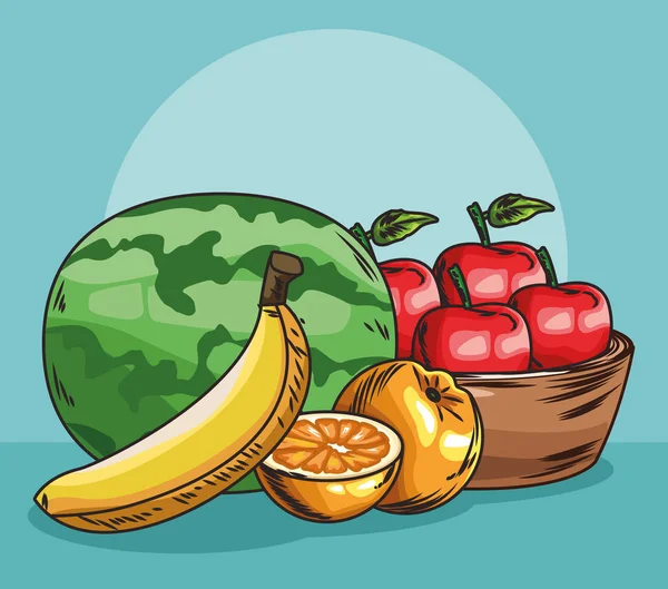 Fruta fresca sandía naranja plátano y cesta con manzanas alimentos saludables — Archivo Imágenes Vectoriales