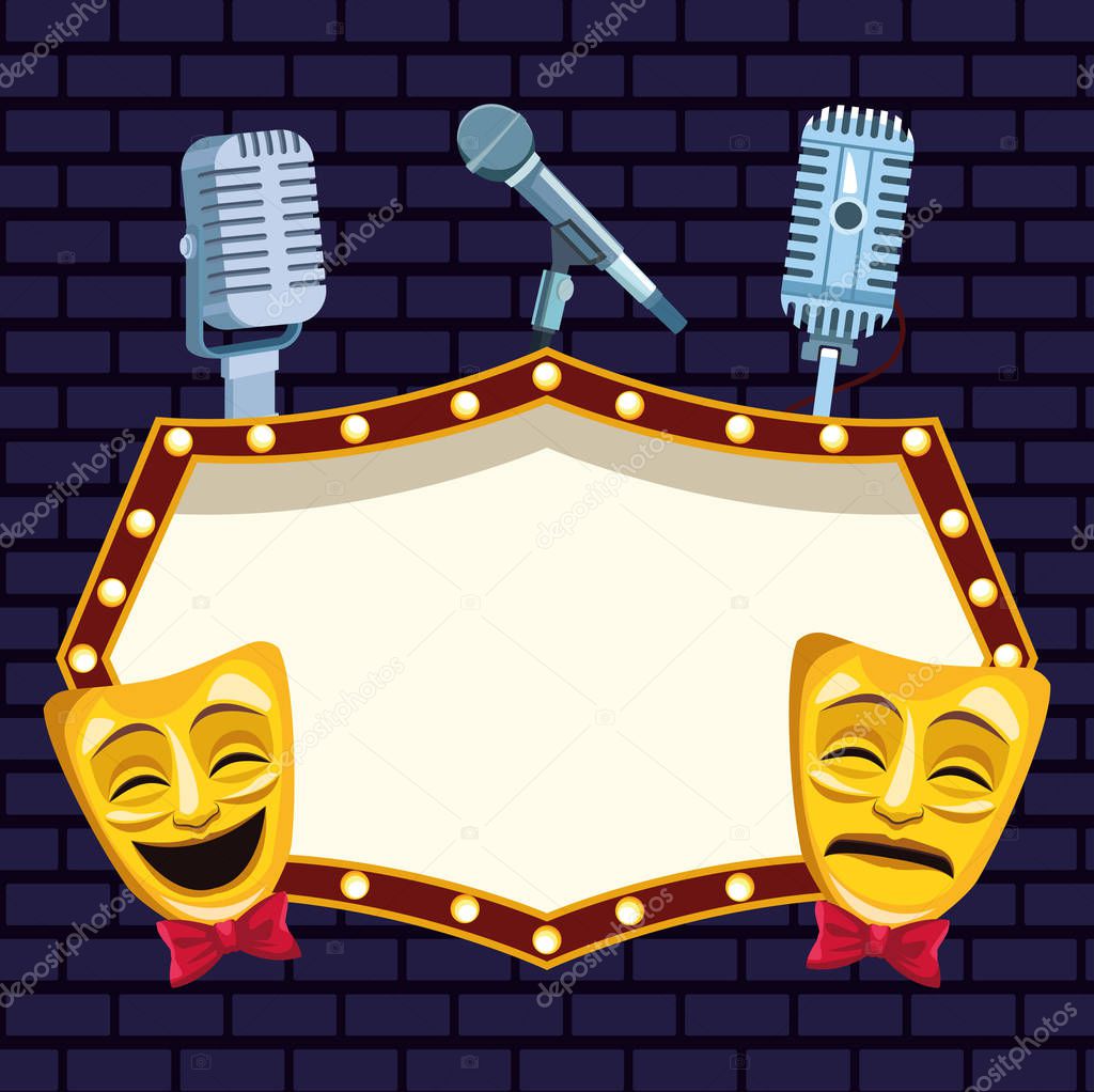 theatrical masks microphones and billboard stand up comedy show