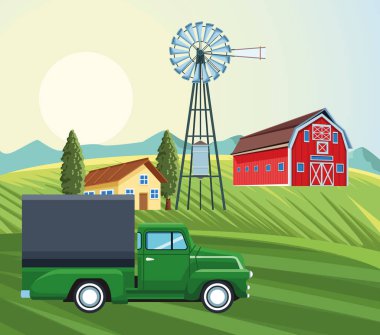 Çiftlik evi yel değirmeni kamyon ağaçları çayırı