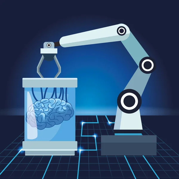 Ρομποτικός βραχίονας τεχνολογίας τεχνητής νοημοσύνης με φουτουριστική επιστήμη του ανθρώπινου εγκεφάλου — Διανυσματικό Αρχείο