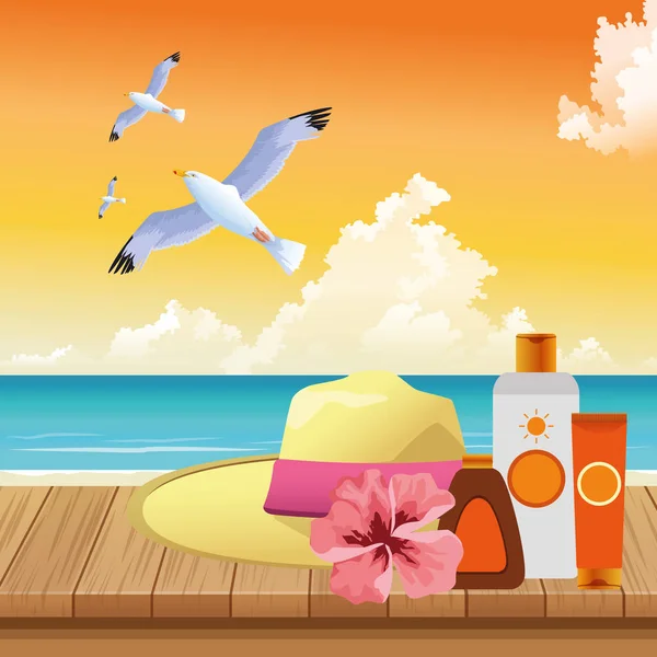 Καλοκαίρι σε διακοπές στην παραλία καπέλο αντηλιακά γλάροι σε ξύλινο — Διανυσματικό Αρχείο