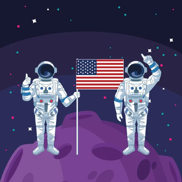 Astronautas equipe bandeira americana na exploração espacial da lua — Vetor de Stock