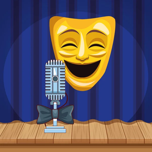 Comedia teatro máscara arco corbata micrófono stand up comedia espectáculo — Archivo Imágenes Vectoriales