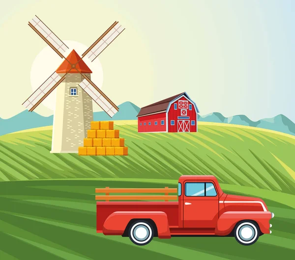 Zemědělský větrný mlýn stodola vyzvednutí a balíky sena pole — Stockový vektor