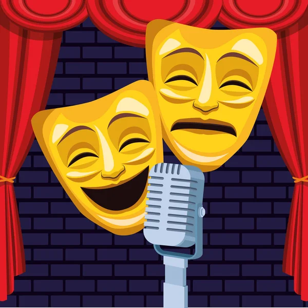 Színházi maszkok mikrofon függöny színpadi stand up komédia show — Stock Vector