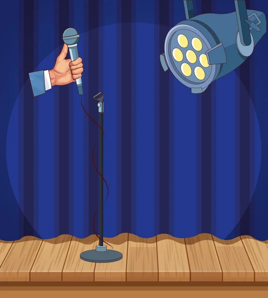 Mano con microfono riflettore tenda pavimento in legno stand up comedy show — Vettoriale Stock