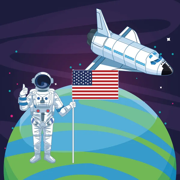 Astronauta com bandeira americana planeta rocketship exploração espacial — Vetor de Stock