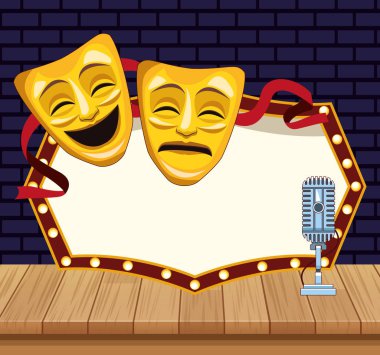 teatral maskeler mikrofon reklam panosu sahnesi stand up komedi gösterisi