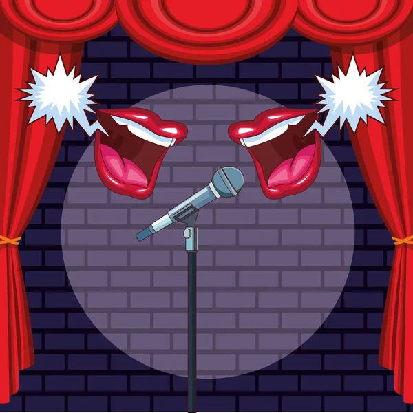 Mouths talking microphone stage light stand up comedy show — 스톡 벡터