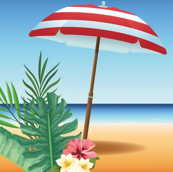 夏天在海滩度假的时候，伞形的花在热带沙滩上飘扬 — 图库矢量图片