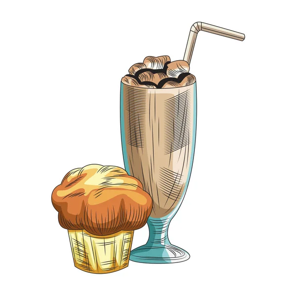 Muffin and chocolate milkshake icon, colorful design — 스톡 벡터