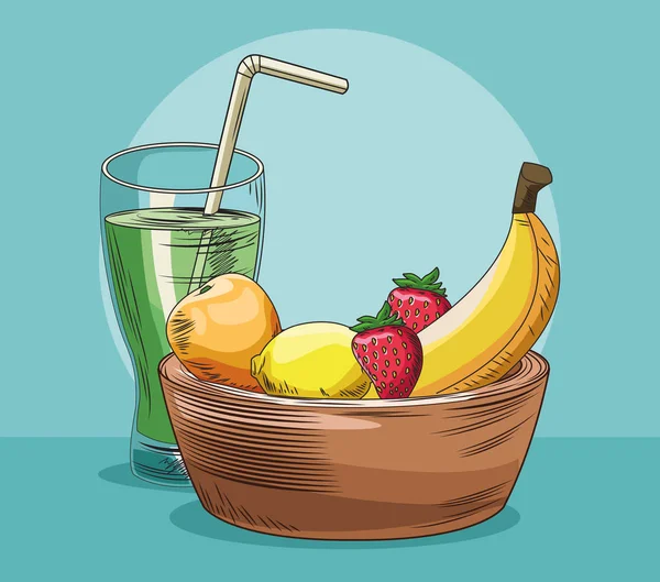 Vaso de jugo y cesta con frutas frescas alimentos saludables — Vector de stock