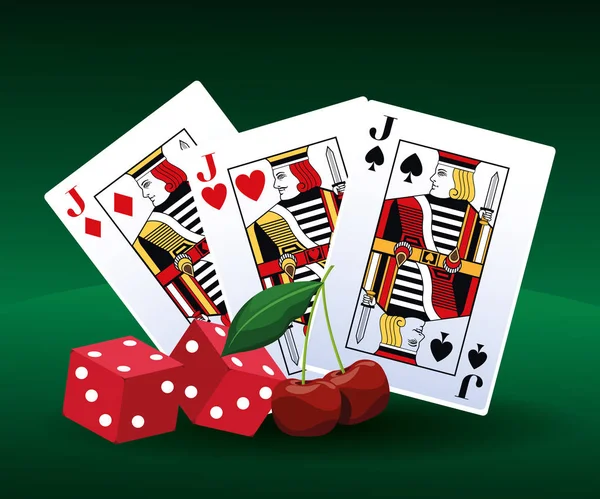 Cartes de poker dés et cerise pari jeu casino de jeu — Image vectorielle