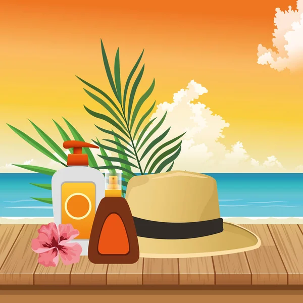 Sommerzeit im Strandurlaub Sonnenbrille und Sonnenschutzspray Hut Blume Blätter — Stockvektor