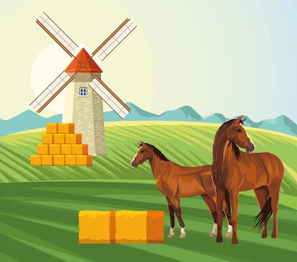 Granjeros de heno y caballos en el campo — Vector de stock