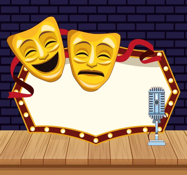 Maschere teatrali microfono cartellone palco stand up comedy show — Vettoriale Stock