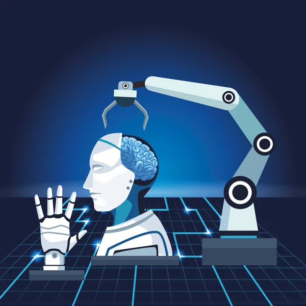 Tecnología de inteligencia artificial cyborg brazo robótico y mano mecánica — Vector de stock